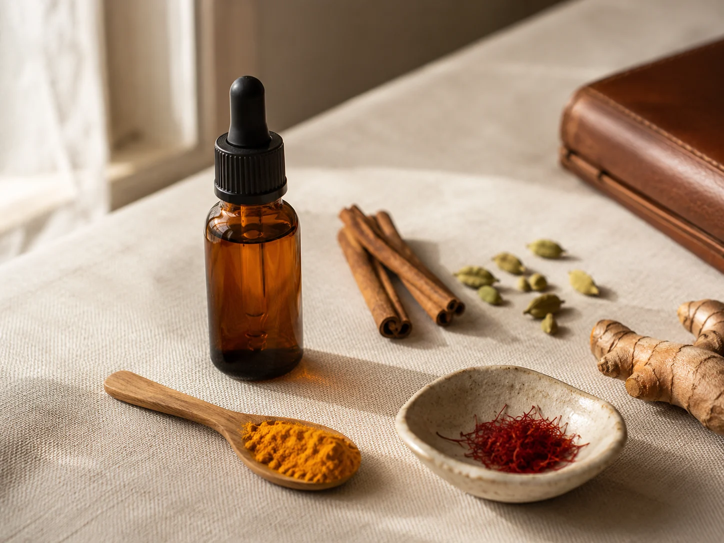 Ayurvedic herbs and oil arranged on natural fabric.